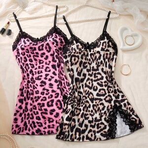 Leopard Print Lace Trim Chemise Set - Pink and Brown